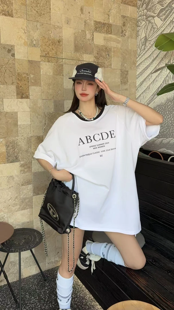 2025ins宽松T恤设计感印花字母撞色条纹白色情侣圆领短袖202