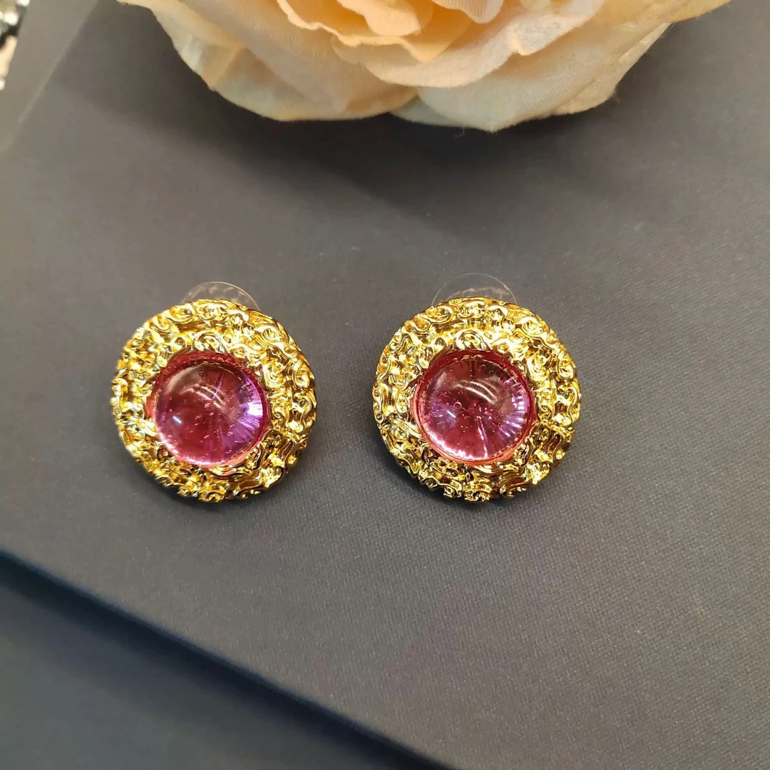 合金仿珍珠耳饰 2179气质百搭法式素款复古中古彩色圆形简约耳钉