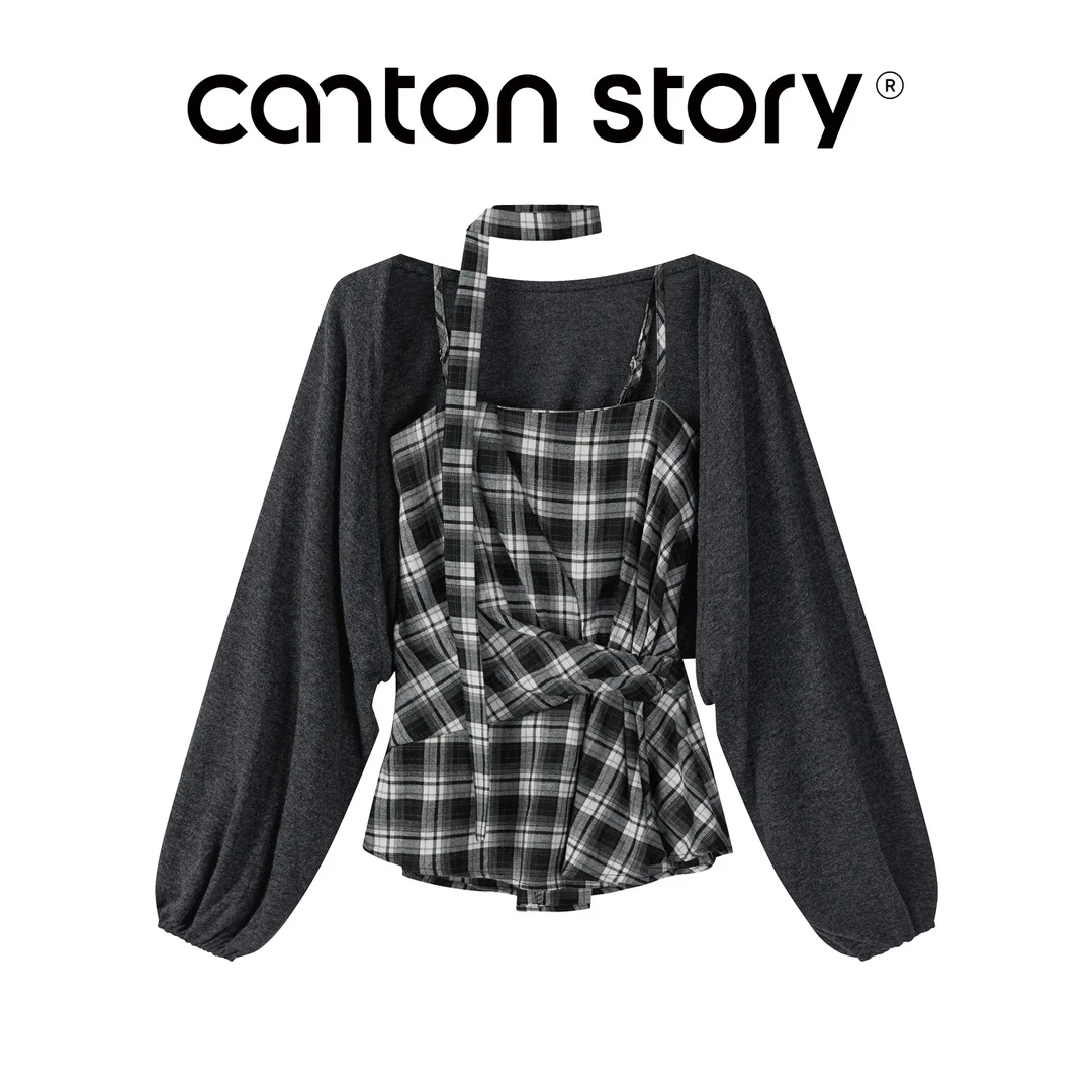 羊城故事-深灰色披肩泡泡长袖t恤女秋季新款百搭开衫上衣57813