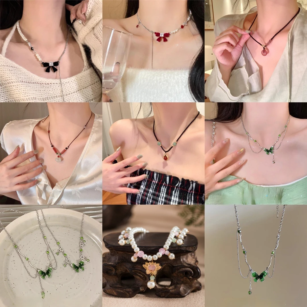 锌合金树脂项链 双层叠戴爱心蝴蝶链条项链女嘻哈冷淡风配饰