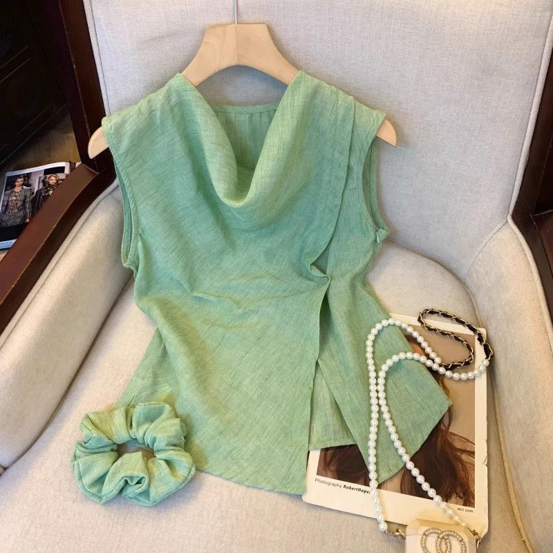 2025夏季新款不规则无袖衬衫女设计感收腰开叉纯欲荡领雪纺衫上衣