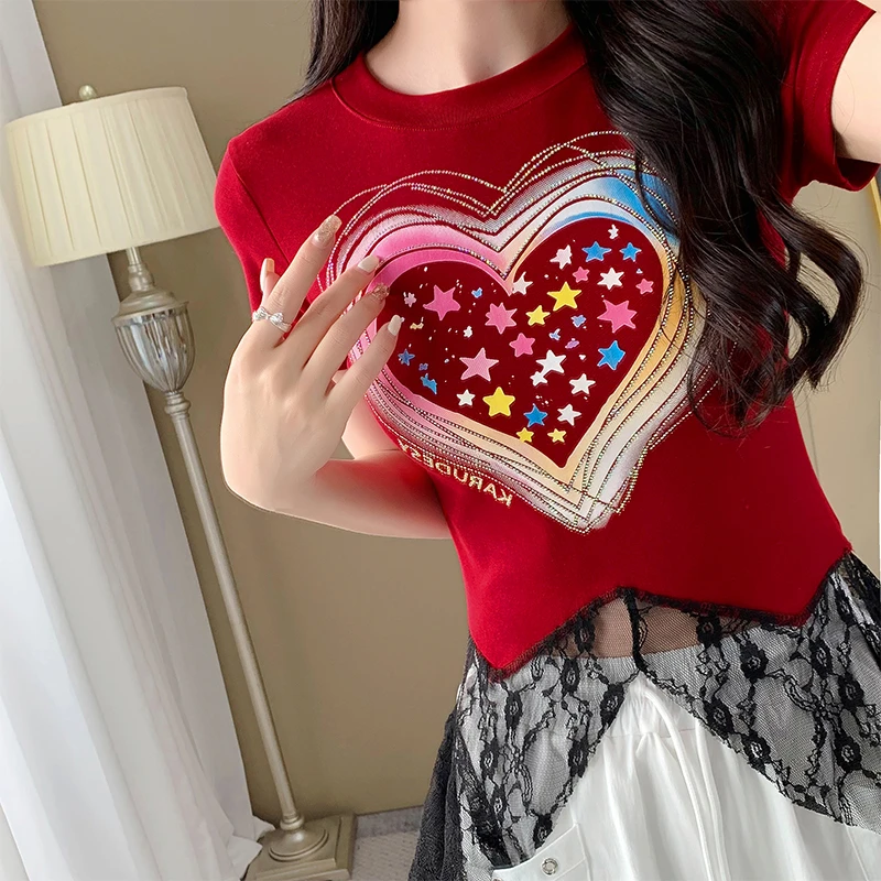 设计感蕾丝拼接短袖t恤女夏季2025新款广场舞曳步舞穿搭洋气上衣