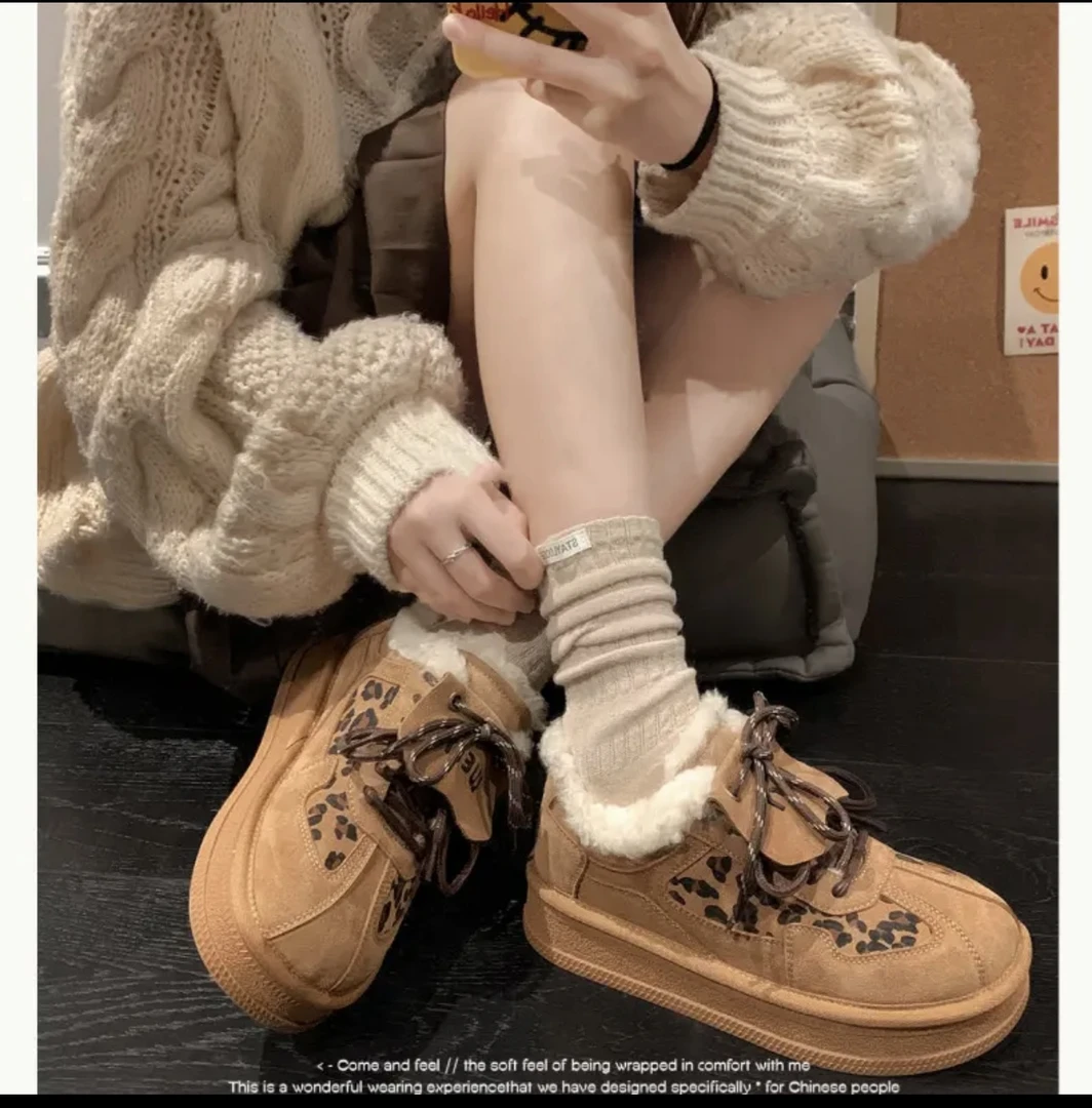爆款推荐豹纹女鞋休闲百搭加绒加厚保暖厚底棉鞋6689