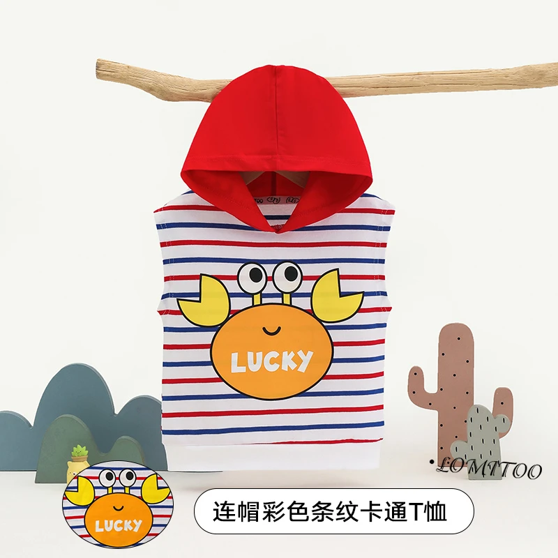 【洛儿妈专属】2025夏季新款儿童条纹连帽背心小童带帽T恤4T264