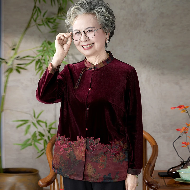 奶奶春装金丝绒唐装上衣中老年人妈妈春夏长袖衬衣国风老太太衣服