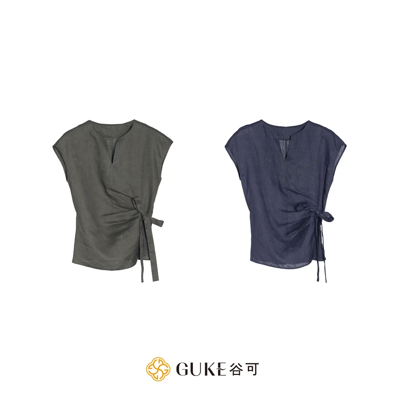 GKE/谷可C5180亚麻小衫女款2025夏季法式V领衬衫修身显瘦短袖上衣