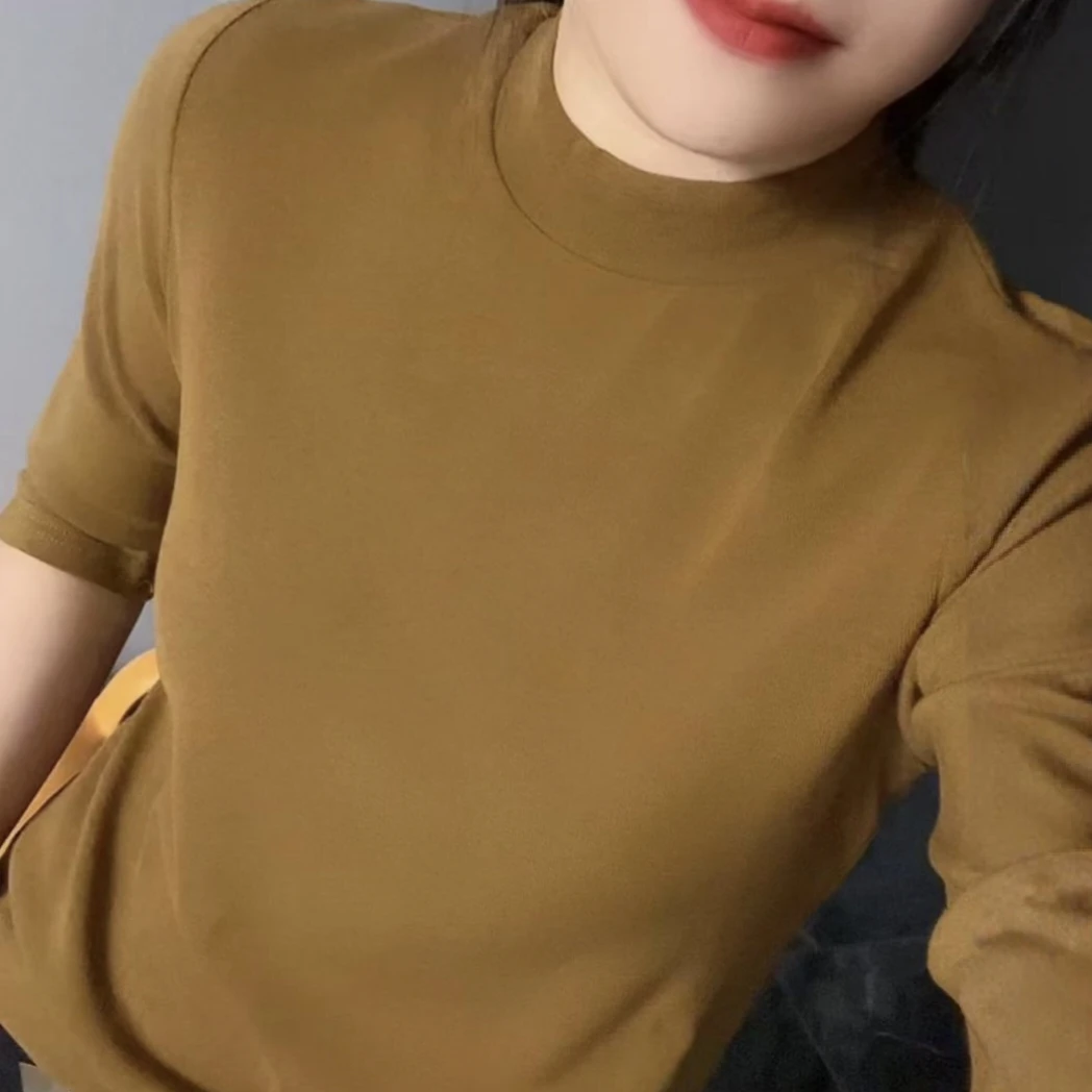 2025年气质显瘦百搭立领中袖极简风常规T恤设计师时尚港风学院风