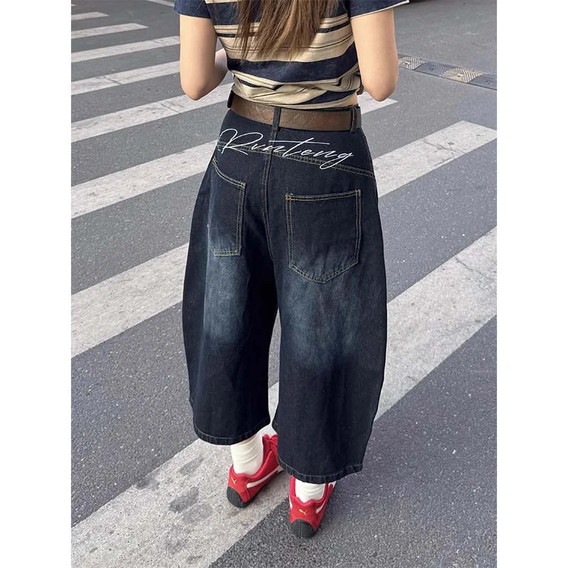 小小衿喜美式复古刺绣牛仔裤男女宽松高街直筒七分裤阔腿裤短裤子