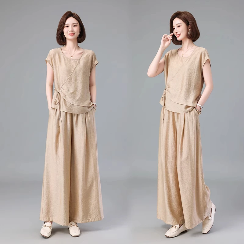 大码套装女2025年夏季新款洋气减龄薄款显瘦短袖衬衫阔腿裤两件套