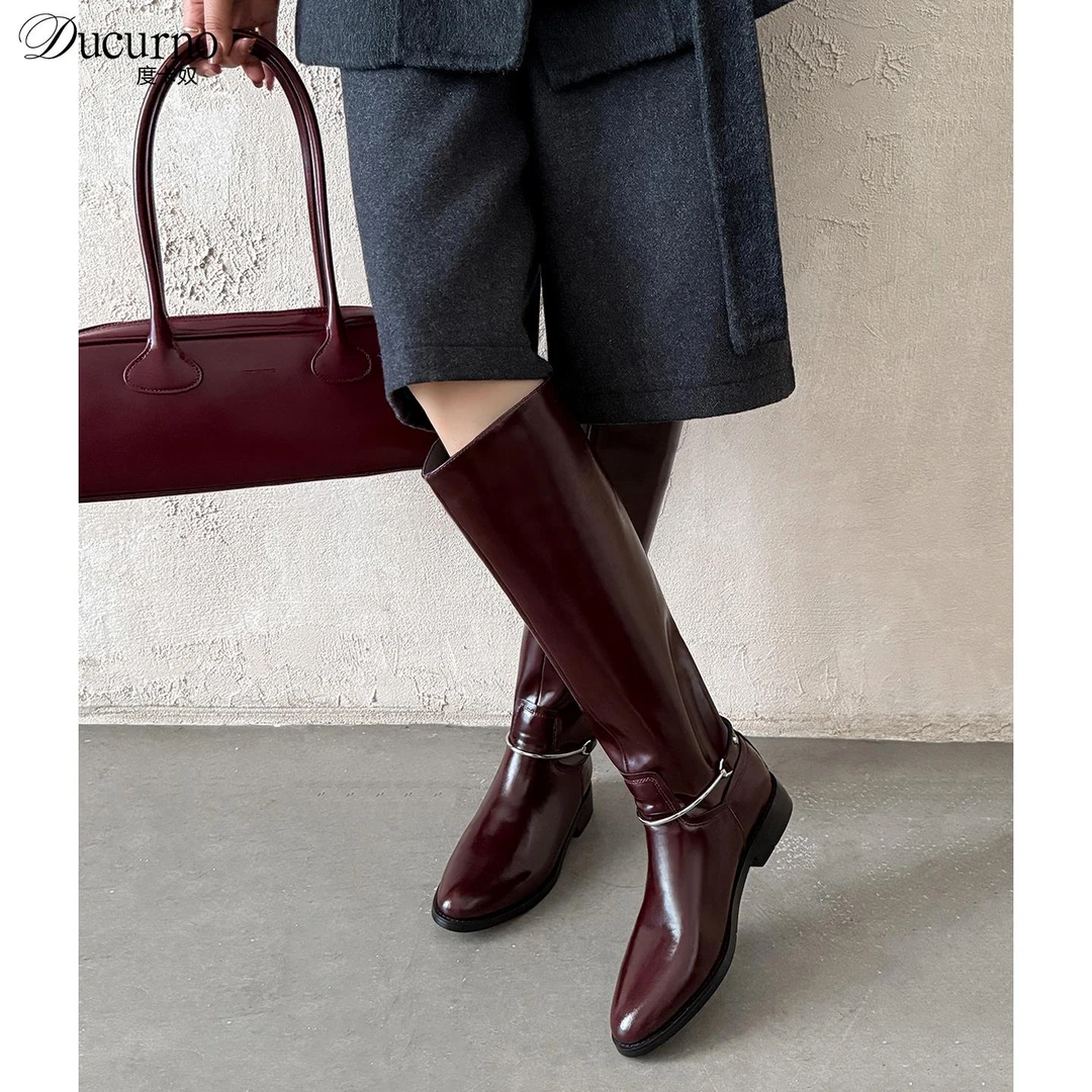 辣妹出街！金属链宽筒骑士靴女圆头粗跟高筒靴显瘦不过膝长筒靴子