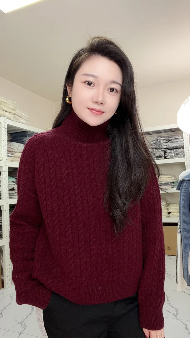 【YK】常规款针织酒红色百搭常规羊毛衫圆领高领女10037