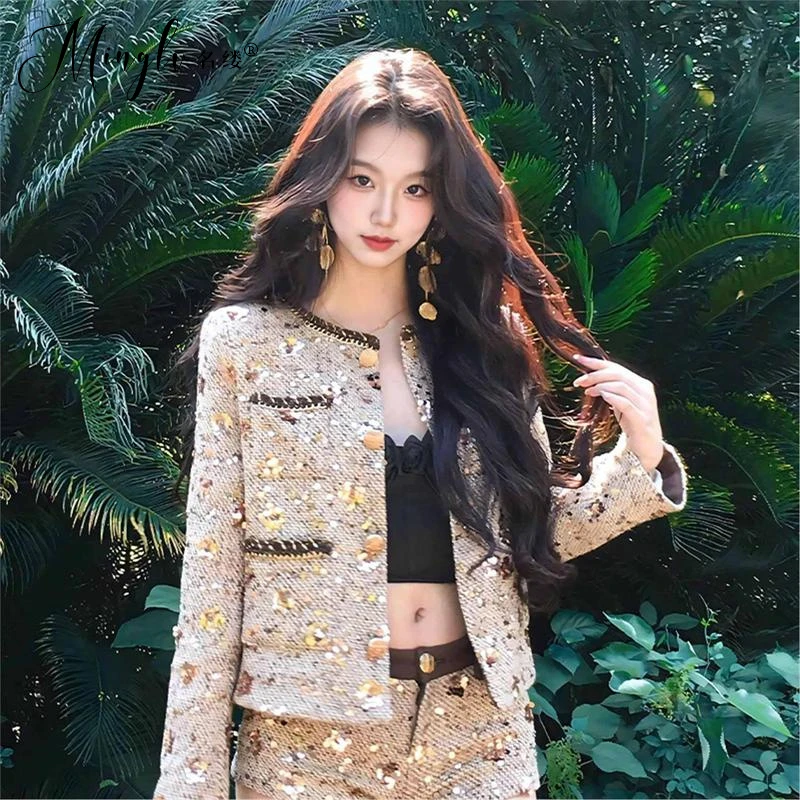 法式富家千金名媛卡其色小香风外套套装短款夹克开衫半身裙两件套