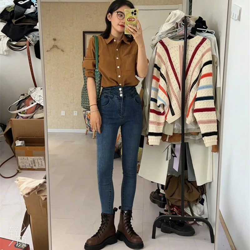 高腰牛仔裤女春小脚裤春秋2025新款修身显瘦铅笔紧身百搭女裤子潮