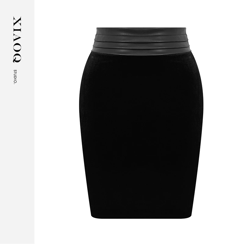 XIAOQ「一眼沦陷」皮质腰头拼接丝绒半身裙性感后中拉链包臀裙21475