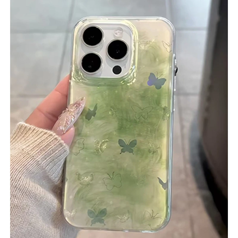 绿色晕染蝴蝶适用苹果16promax15/14高级手机壳13/12冰川11小众