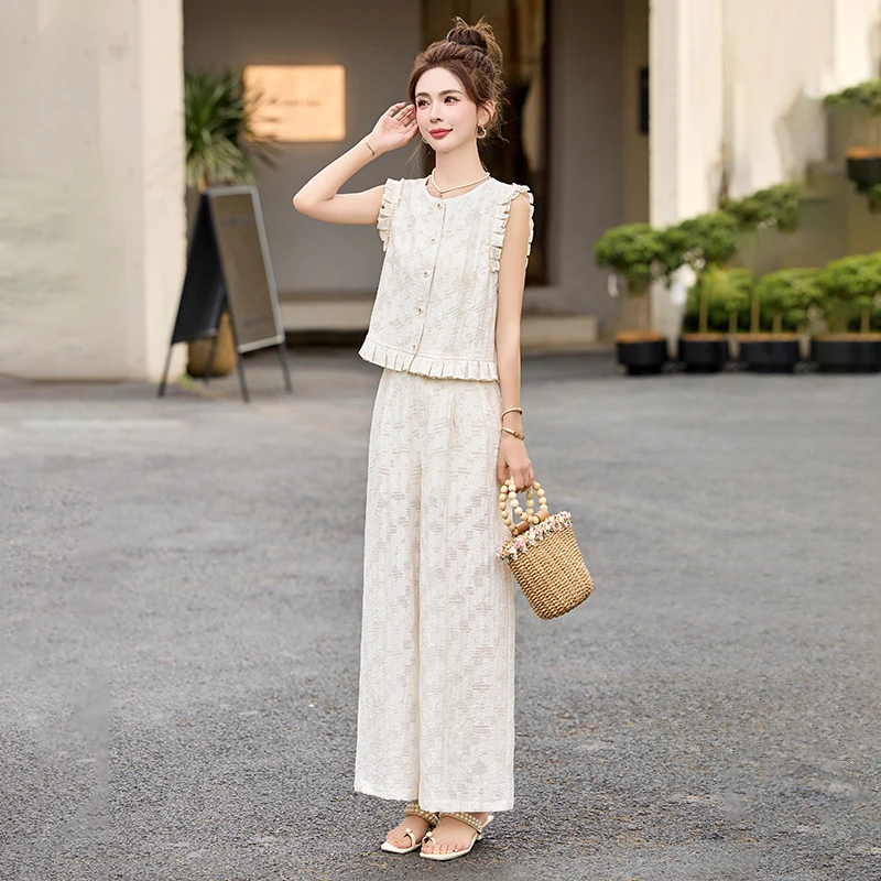 无袖小香风套装女夏穿搭一整套2025新款时尚洋气马甲阔腿裤两件套