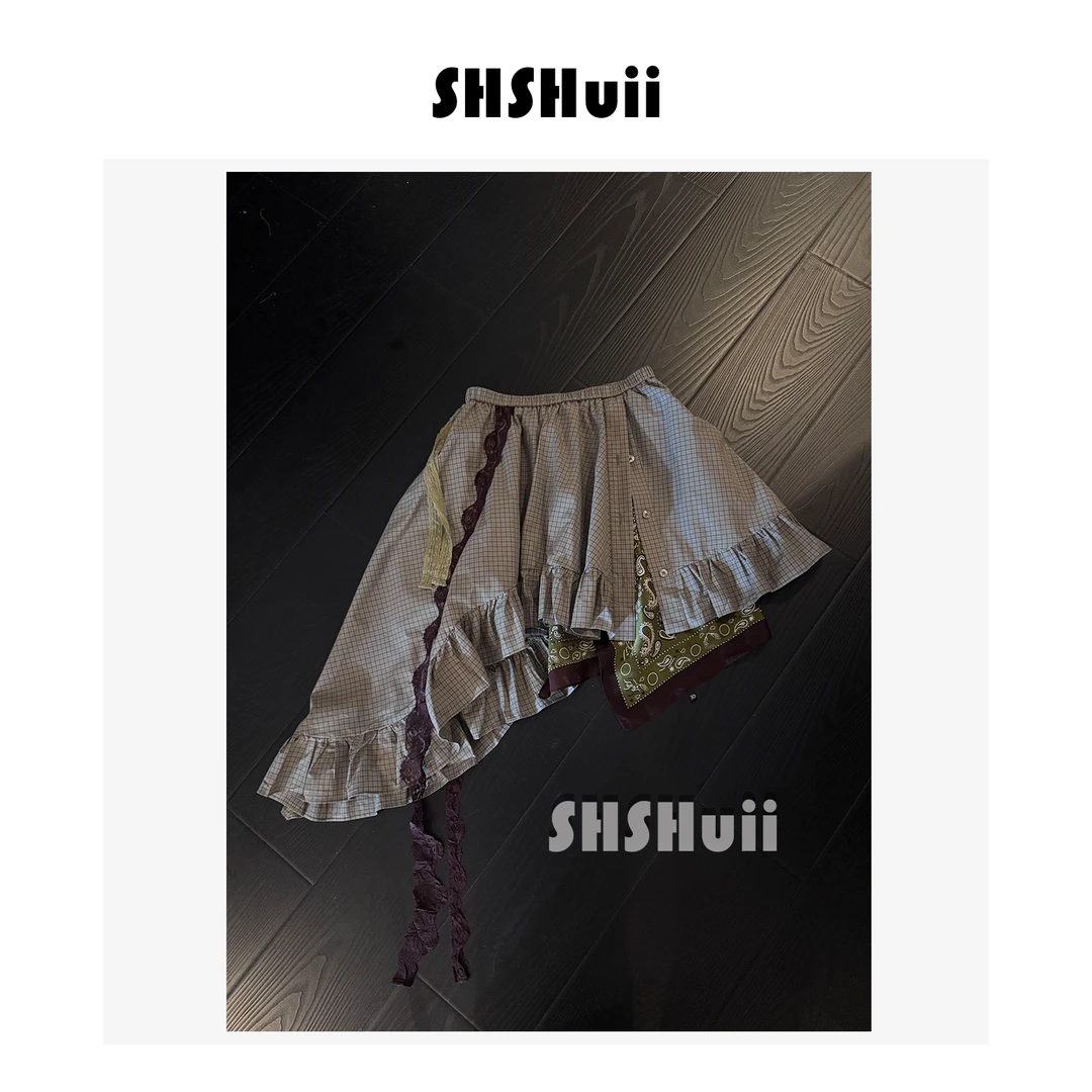 SSHuii【青絮花房】不规则设计感蕾丝荷叶边拼接格子半裙/ZHBOB