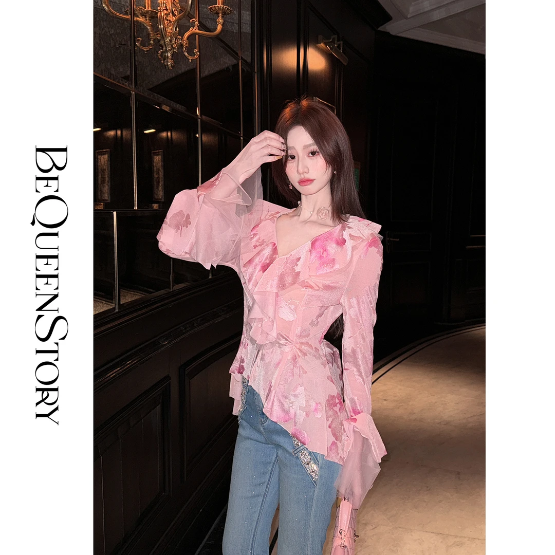 韩韩IU【桃粉嫣然】2025夏装新款轻奢时尚荷叶边V领修身衬衫女上衣