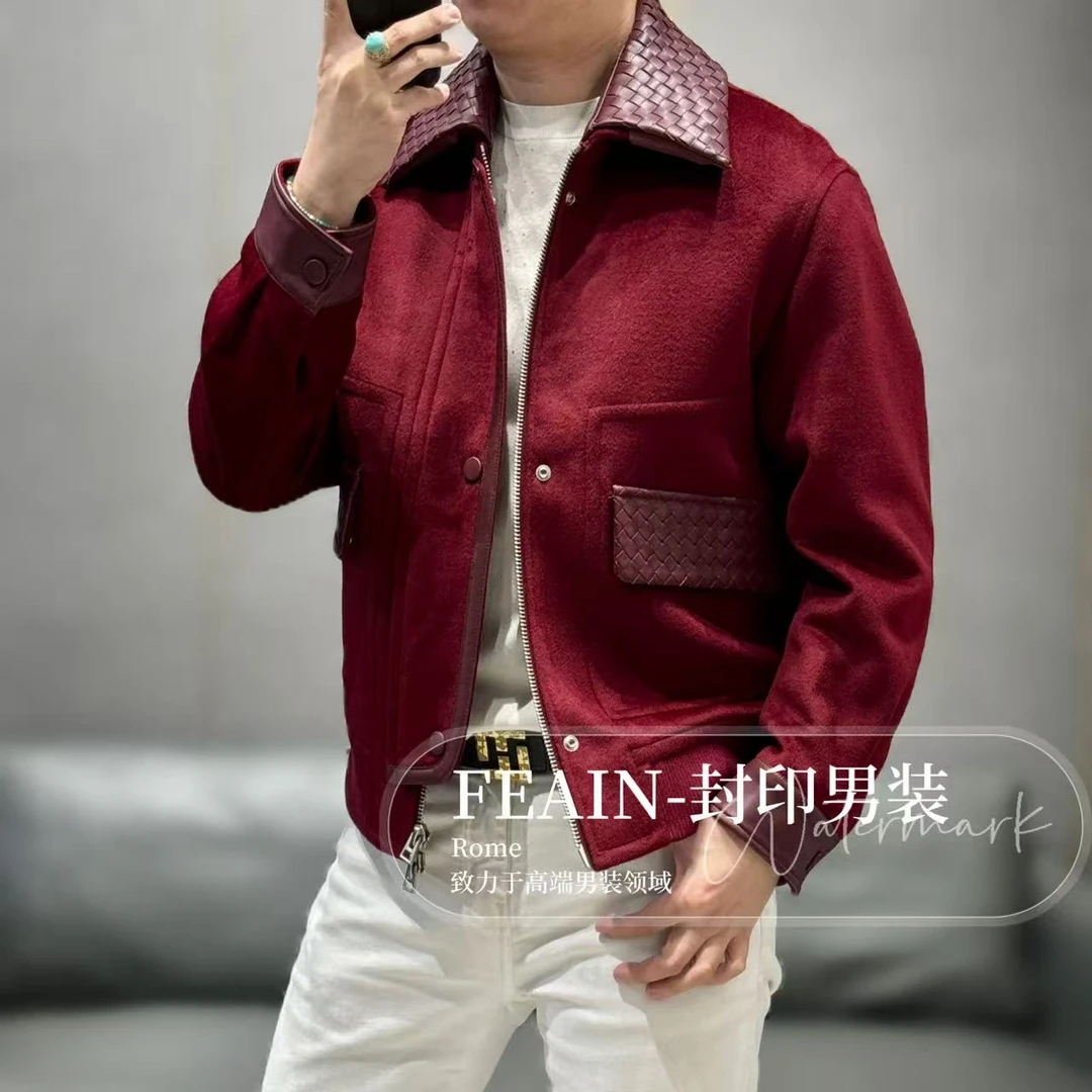 【100%羊毛拼真皮】全手工编织真皮领可拆卸全羊毛加棉夹克6881