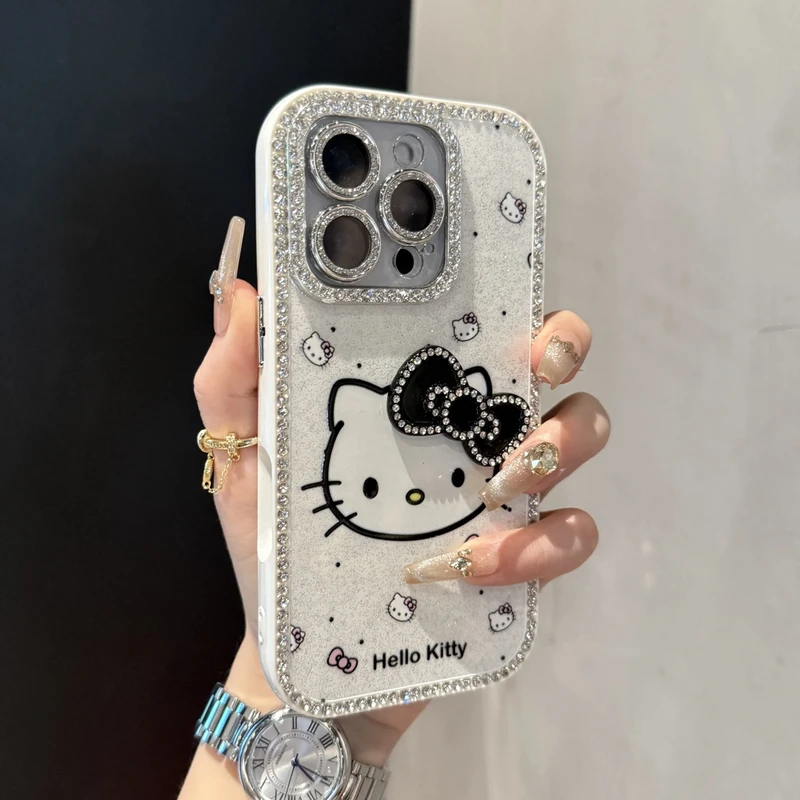 全包边镶钻蝴蝶结KT猫适用苹果16promax手机壳iPhone15promax新款