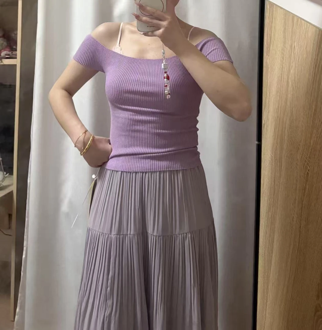 【ASKYO】夏季针织百搭修身女款一字领上衣