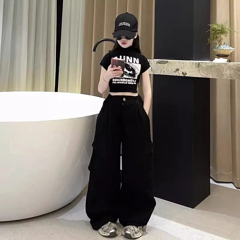 女童超酷拽姐套装2025新款儿童长袖打底衫中大童女孩舞蹈街舞潮酷