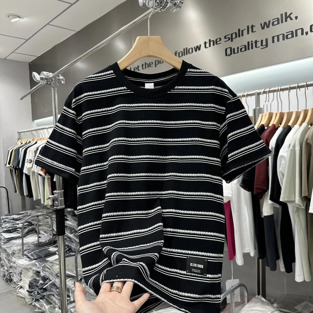 夏季新款男士海魂条纹短袖美式ins复古宽松青年百搭半袖体恤