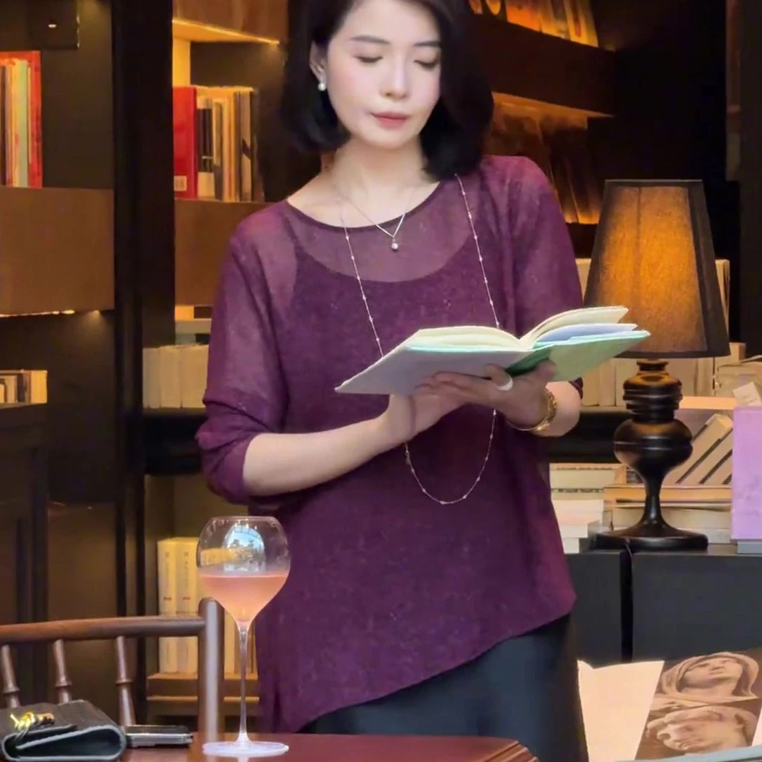 新中式女装紫红色套头开叉防晒衫夏季超好看气质针织冰丝罩衫上衣