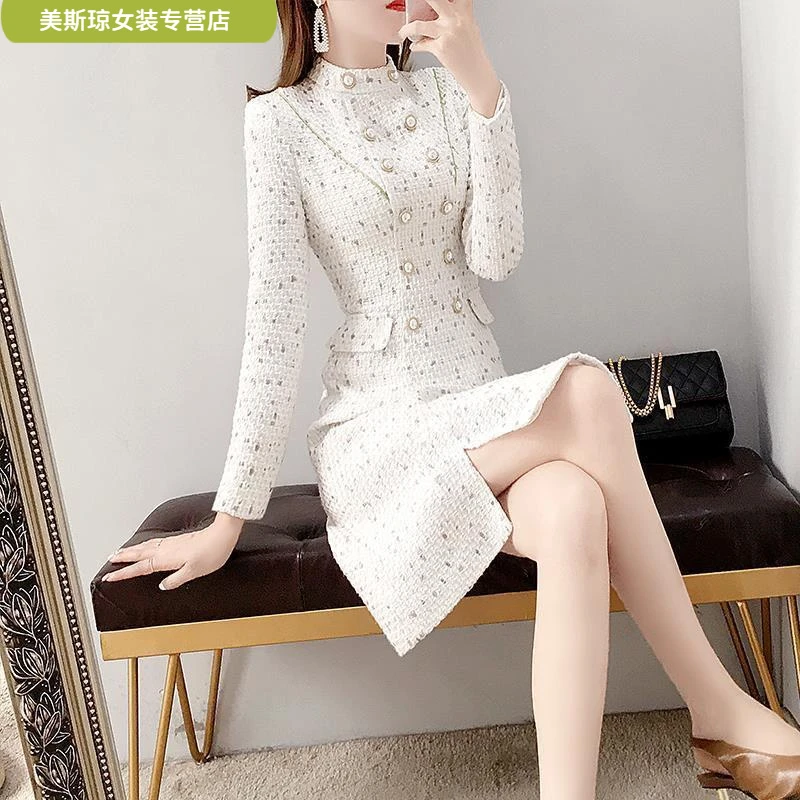 ll秋装白色小香风连衣裙女秋冬气质小礼服平时可穿毛呢A字裙子ll