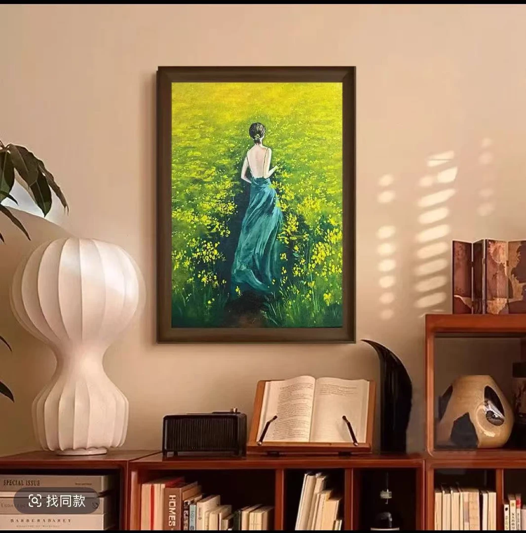 D43现代简约风油菜花田抱花女孩装饰画入户玄关客厅卧室背景挂画