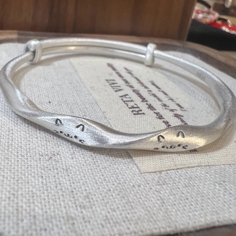 足银手镯 足银999猫咪纯银手镯国风百搭简约情人节送女友生日礼物