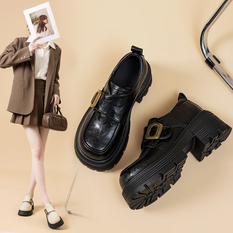 乐福鞋女2025秋季新款粗跟厚底英伦风复古时尚小个子玛丽珍小皮鞋