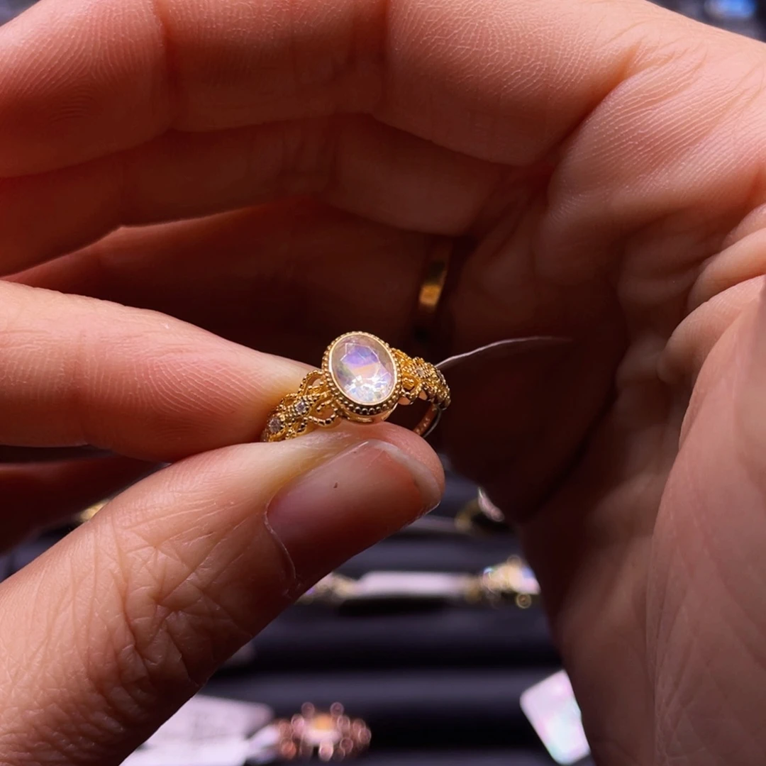 银S925镀金镶嵌戒指长石杨***~戒指