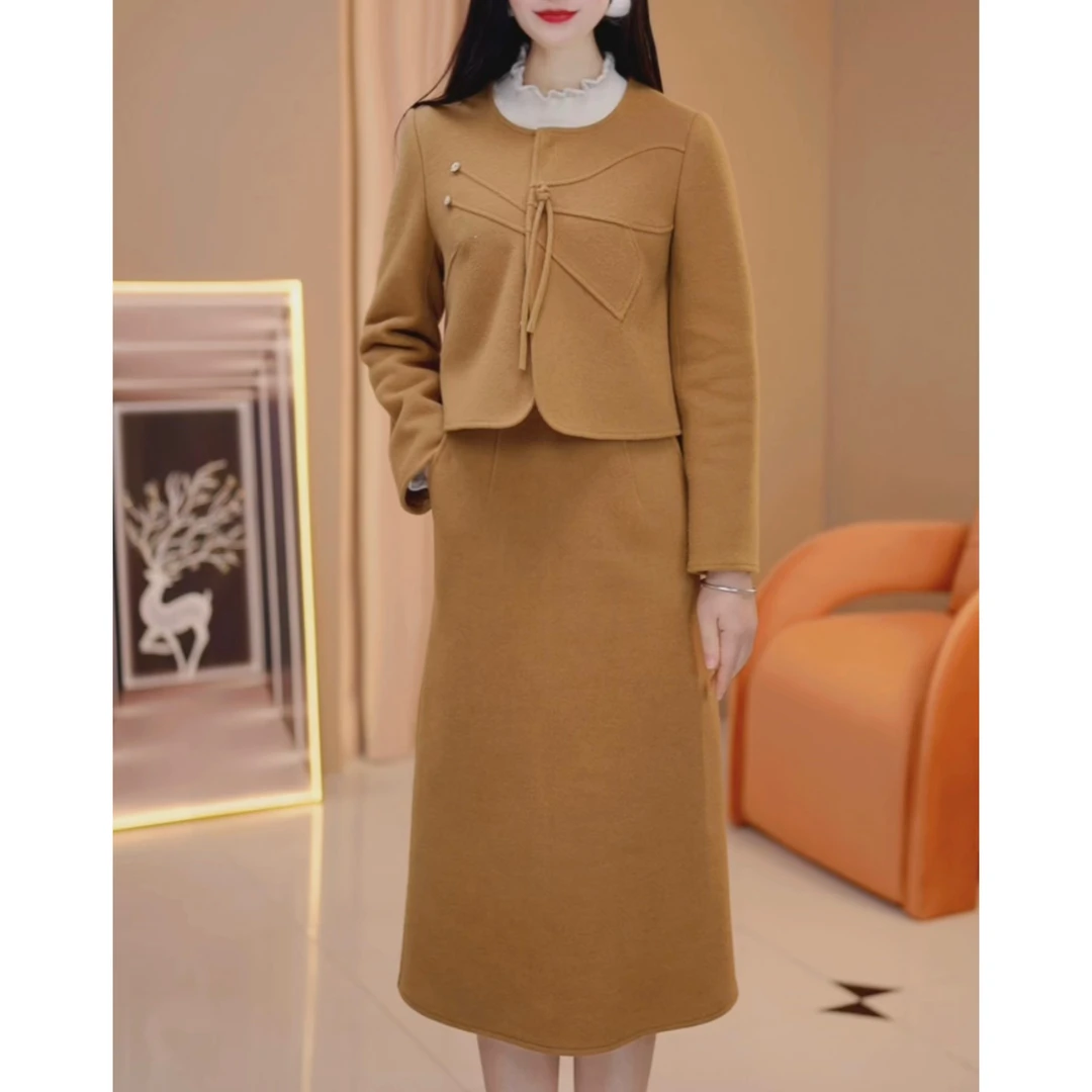 【连衣裙+外套】A565姜黄色套装优雅气质减龄显瘦秋冬设计感