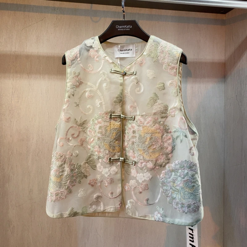 62968撞色镶边刺绣牡丹国风马甲