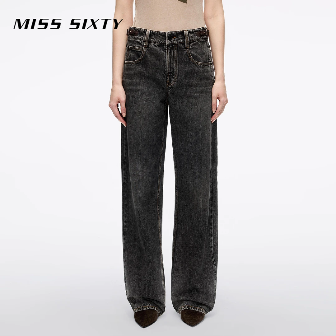 Miss Sixty2025秋季新款牛仔裤女拼皮袢带设计磨破做旧宽松萝卜裤