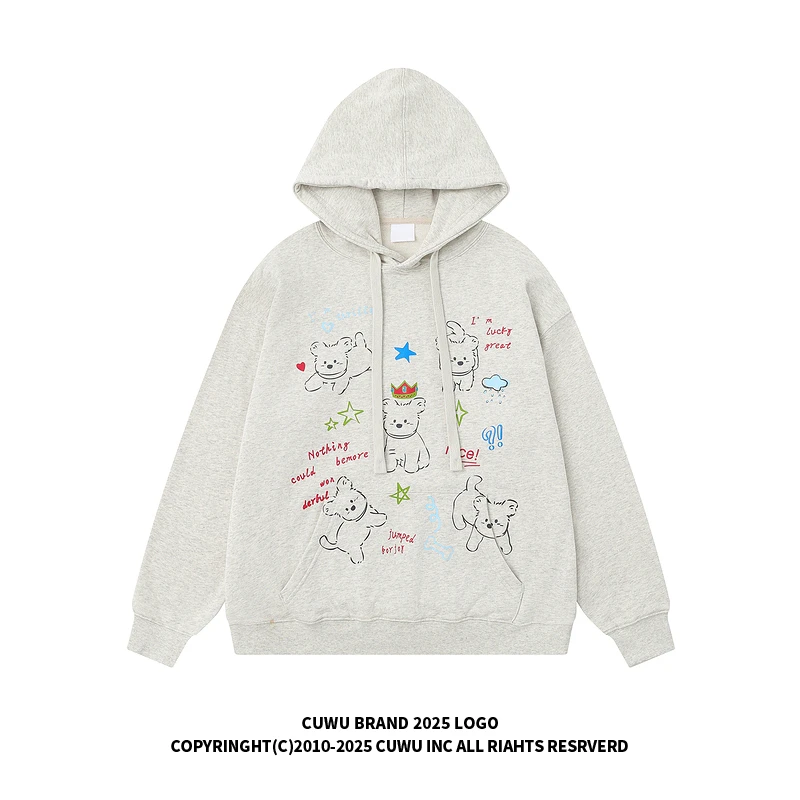 cuwu趣味卡通小狗涂鸦连帽卫衣女男秋季韩系宽松慵懒chic情侣帽衫