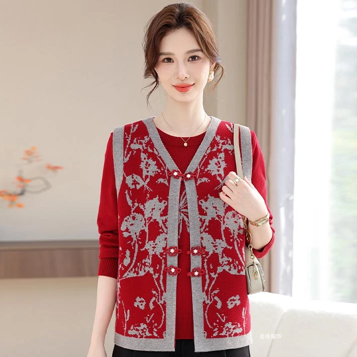 恒源祥彩羊妈妈装春秋季新中式国风针织衫上衣中年女士高档两件套