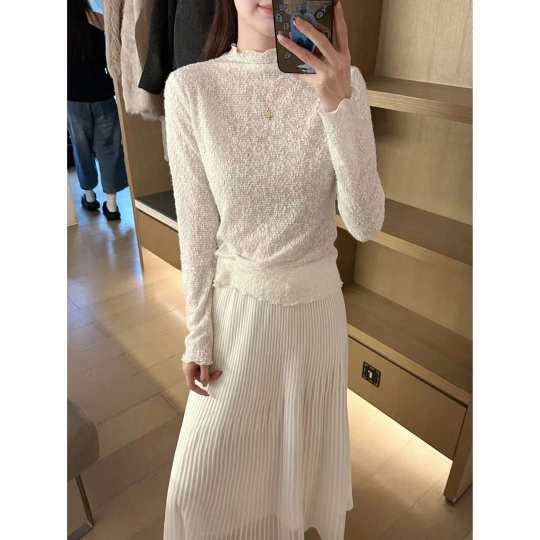 Y5371【雪落枝头】秋冬温柔百搭蕾丝提花木耳边打底衫上衣女