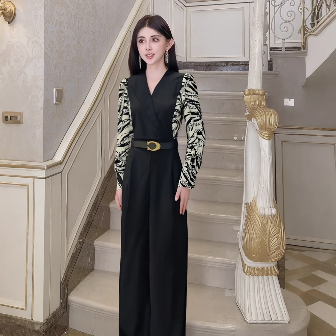 A【送腰带】2025春秋季新款气质通勤波点高腰显瘦系带连体裤女D3505