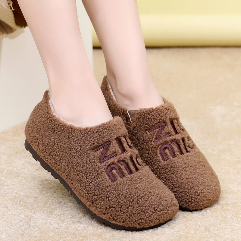 秋冬新款懒人一脚蹬加绒豆豆鞋软底舒适保暖平底百搭女棉鞋