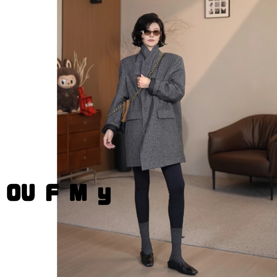 FY3602冬季新款气质显瘦时尚保暖宽松羊毛条纹西装羽绒服中长款