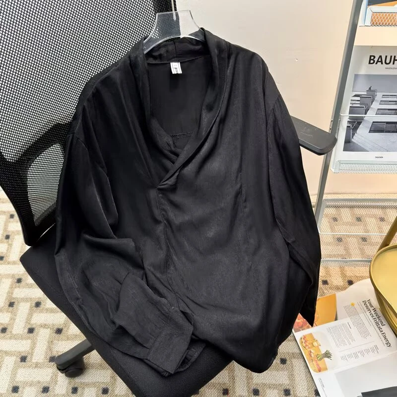 高级感雅痞春秋不规则垂坠感宽松长袖衬衫禁欲系极简套头时髦上衣