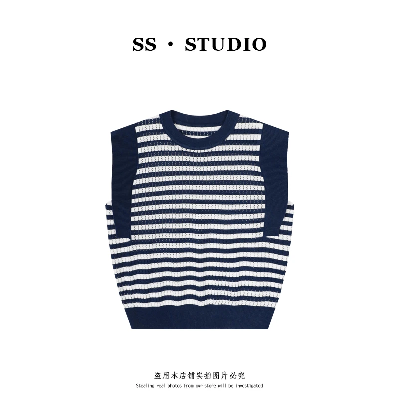 【SUSU】条纹撞色圆领针织衫夏季薄款休闲百搭无袖上衣SS-5440