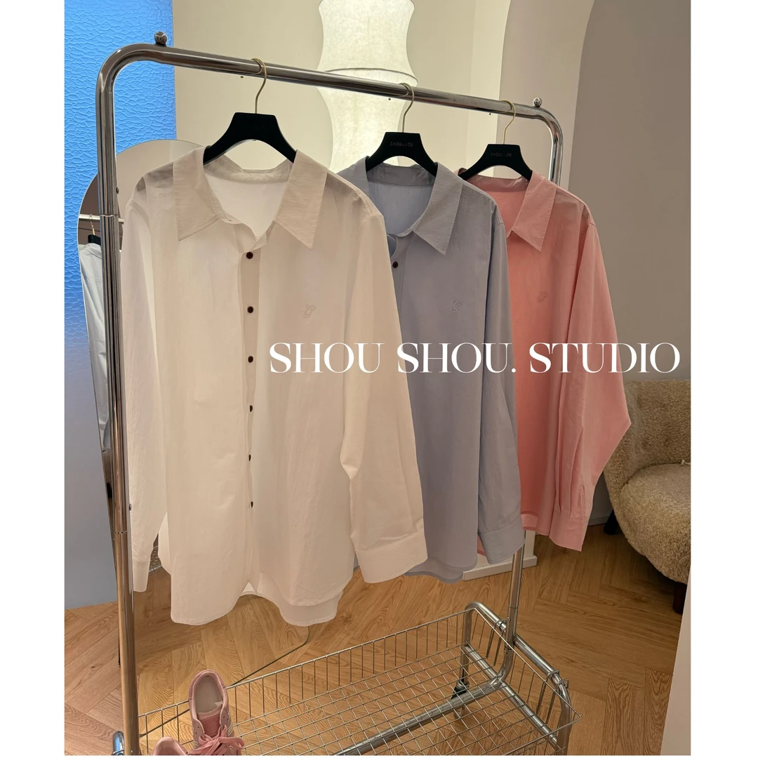 【瘦瘦】大码秋款翻领刺绣肌理感硬挺长袖百搭显瘦宽松衬衫S01871