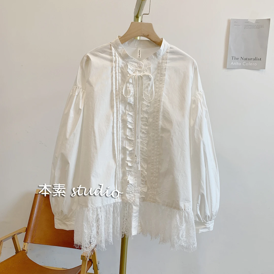 C3411蕾丝拼接全开扣风琴褶木耳边系带立领衬衫