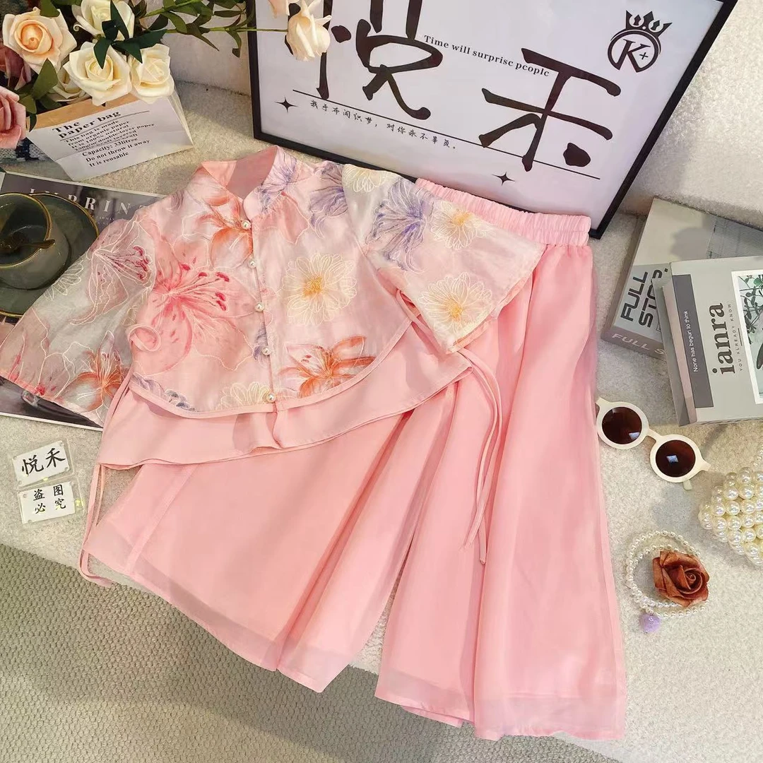 YH女童新中式国小飞袖2025夏季新款飘逸粉色甜美公主长裤套装8764