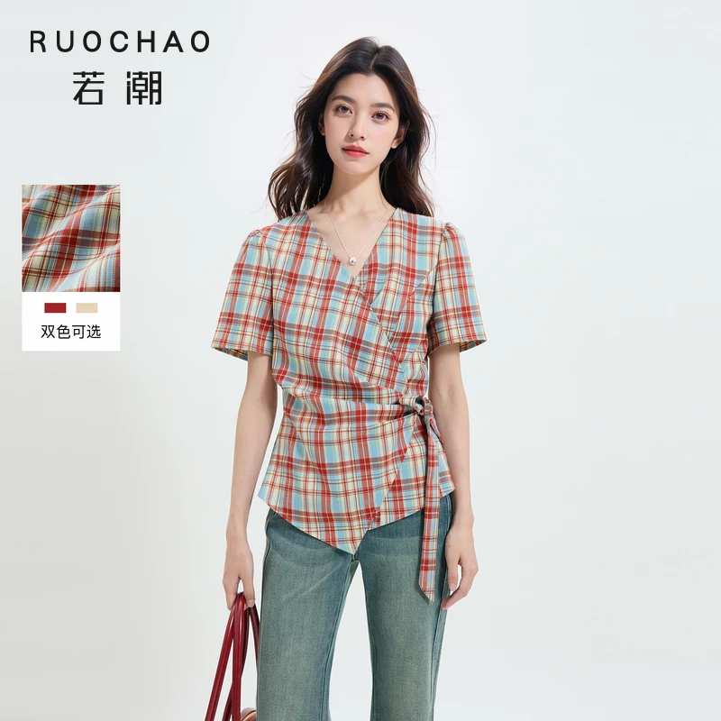 三彩大码女装2025秋季新款衬衫格纹V领上衣短袖短款收腰胖MM