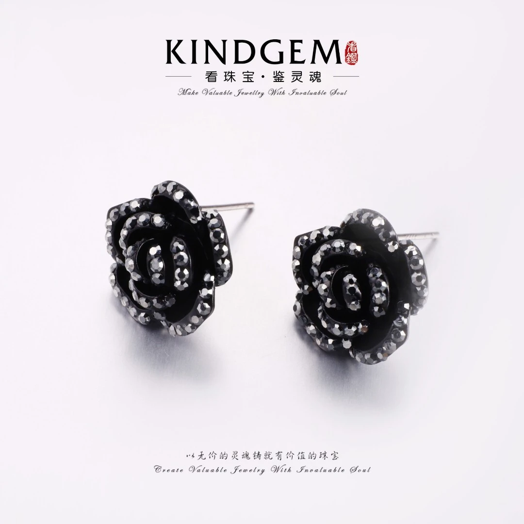 铜合金锆石耳饰 法式黑色玫瑰气质小众轻奢百搭时尚耳环 C-33287