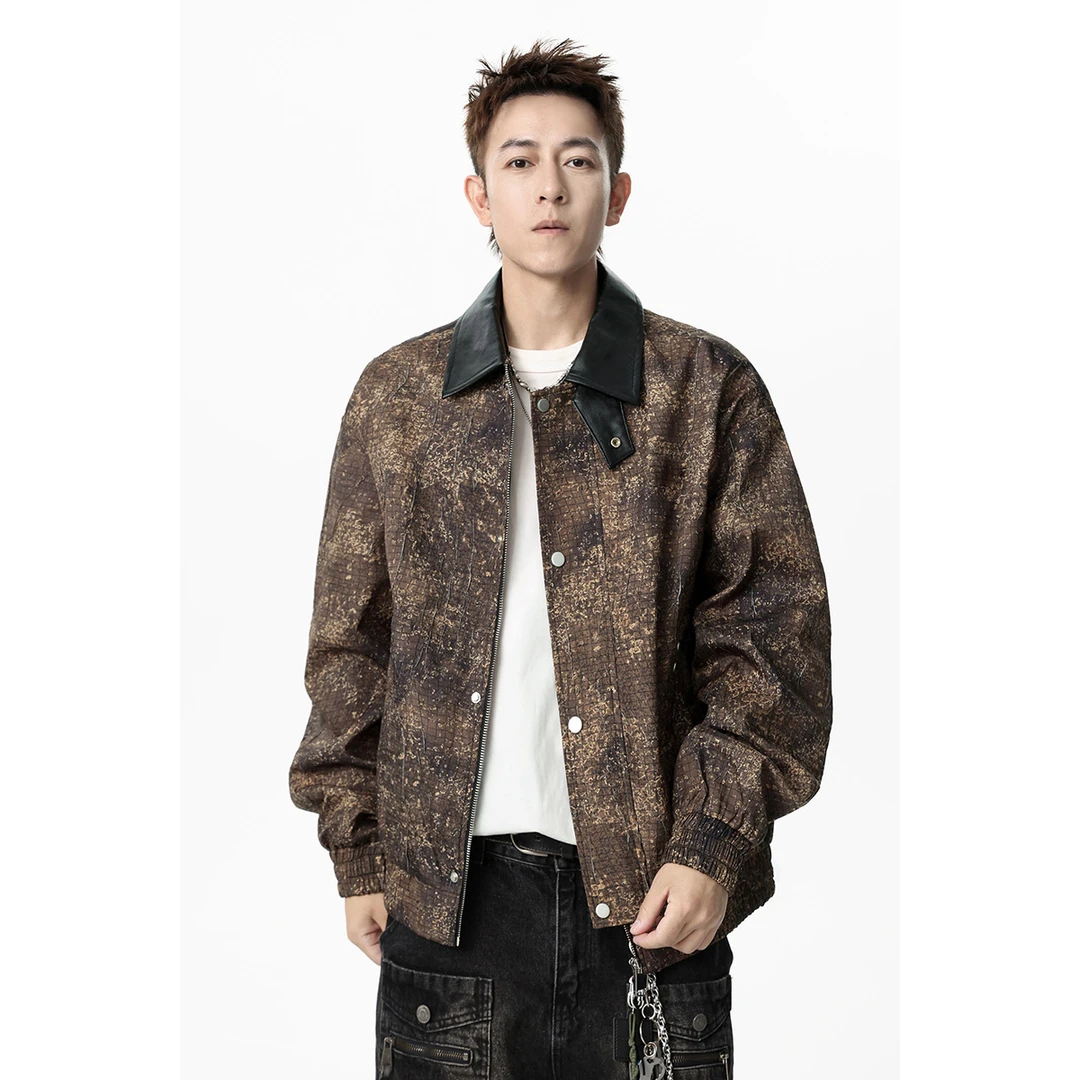 稻草人2025秋冬季新款男士扎染拼接飞行风格夹克翻领潮流蟒纹外套